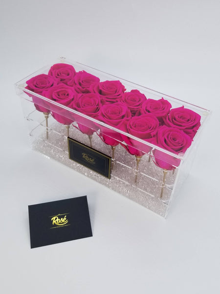 1 Dozen Hot Pink Roses in Clear Acrylic Flower Box