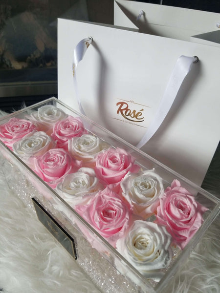Pink and White Roses in Clear Acrylic Flower Box