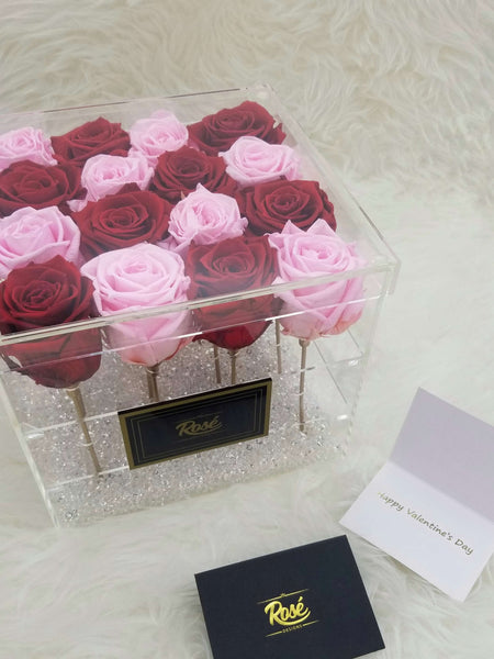 Red and Pink Eternal Rose in clear acrylic box