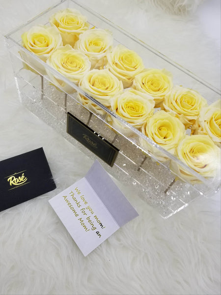 1 dozen yellow roses in acrylic flower box