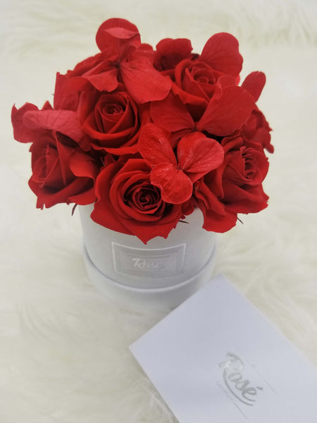 Red Forever Roses and hydrangeas white velvet box 