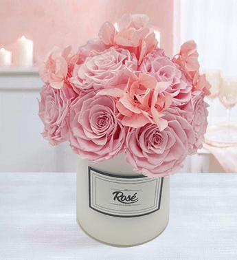 Pink Roses and Hydrangeas Bouquet in White Vase 