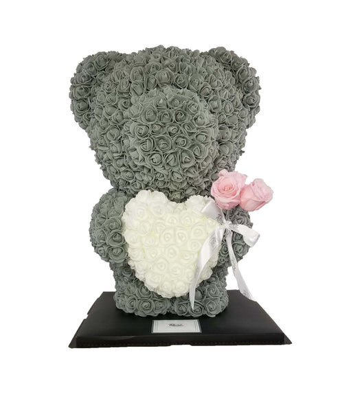 Grey Rose Bear with White Heart and Pink Roses