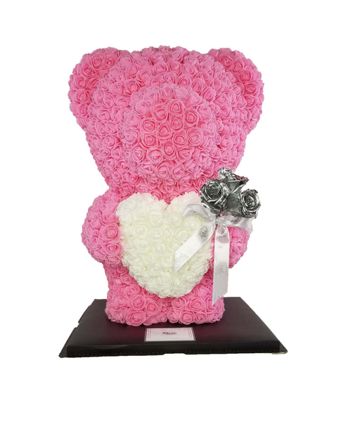 Pink Standing Rose Bear with Silver Roses