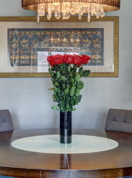 1 Dozen Red Long stem roses in black acrylic vase