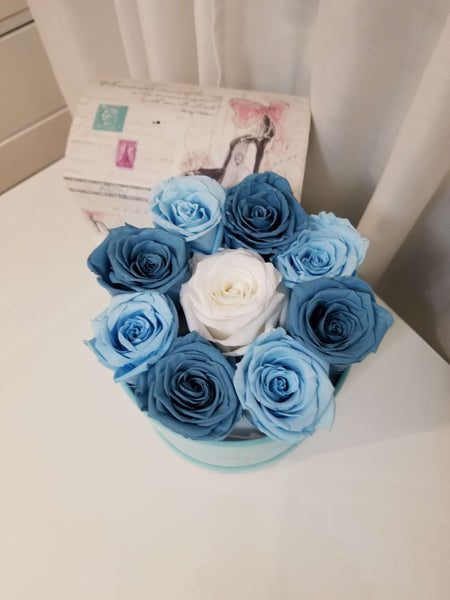 Blue & White roses in a Blue Velvet Hat Box