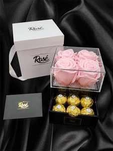 $ Pink Roses in Black Keepsake Box Chocolate Gift Set