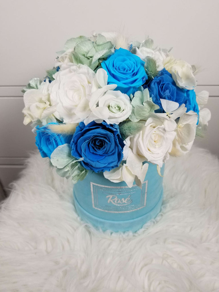 Medium Blue Velvet Touch Flower Bouquet  Forever Rose Deluxe Gift Calgary  – Rosé Designs YYC