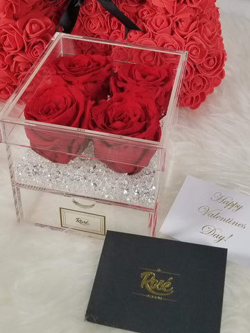 Four Eternal Roses in clear acrylic keepsake box