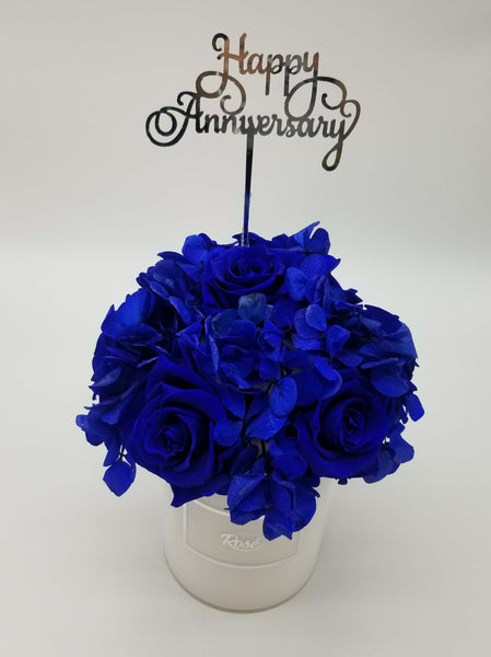 Navy Blue Rose Bouquet in White Vase and Happy Anniversary Topper