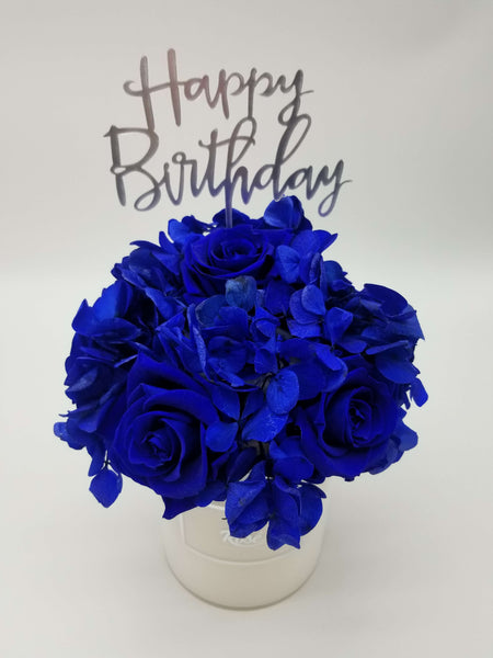 Navy Blue Rose Bouquet in White Vase and Happy Birthday Topper