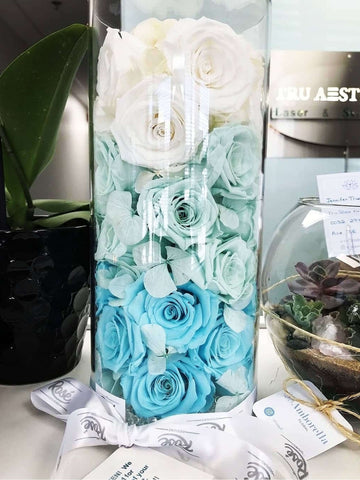White Tiffany Green Blue Eternal Roses Cylinder Vase