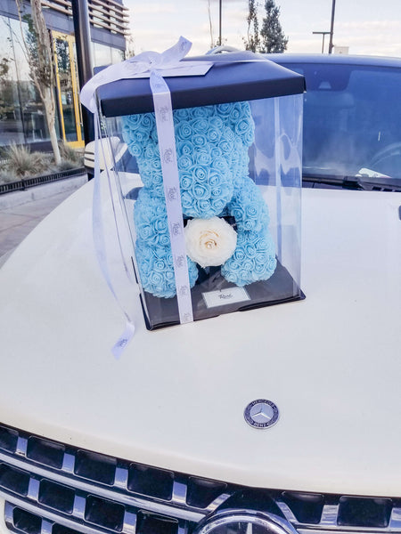 Blue Rose Bear on a White Mercedes 