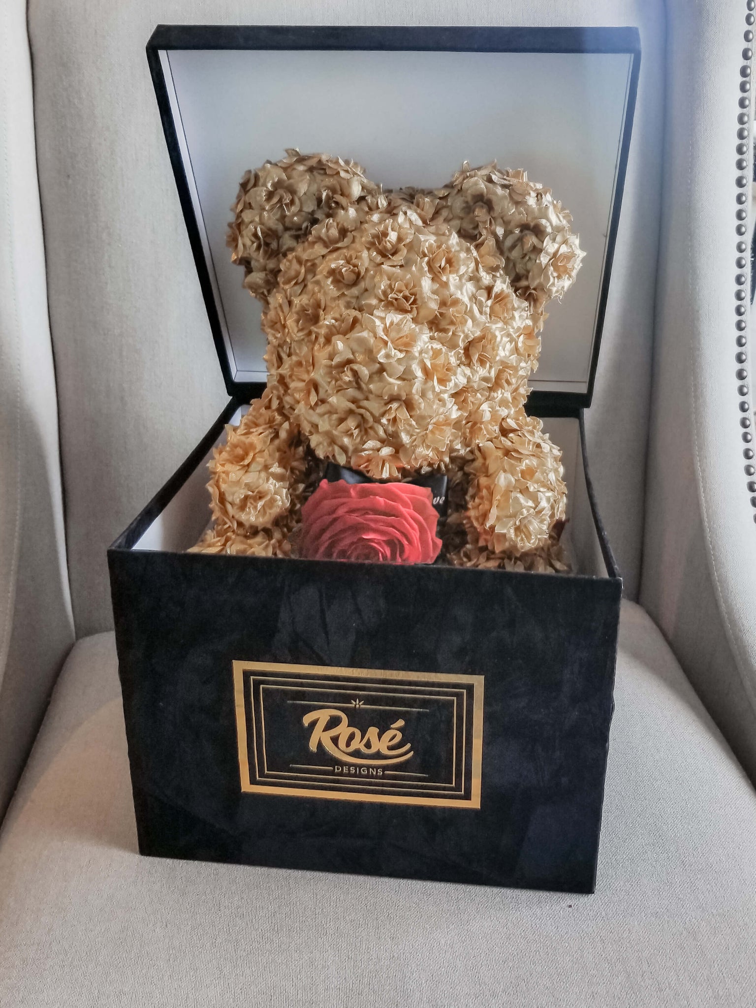 Gold Rose Bear in a Black Velvet Box