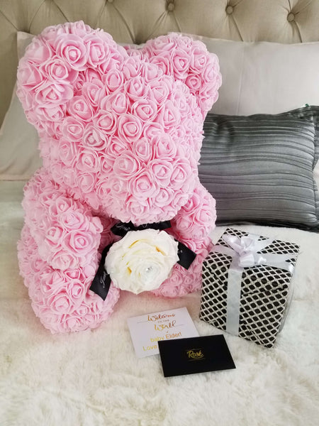 Pink Rose Bear with White forever rose Gift 