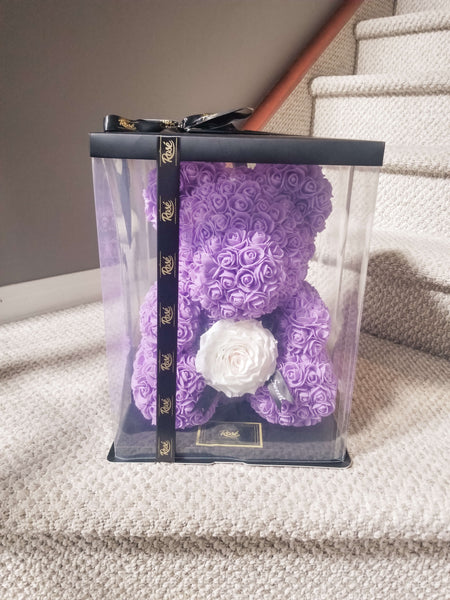 Purple Rose Bear Gift on stairs background