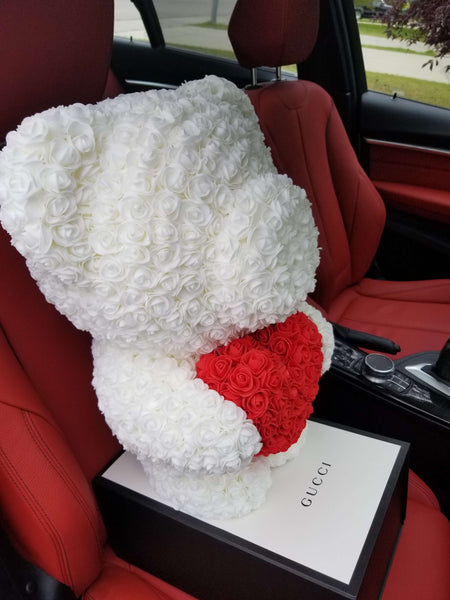 White Standing Rose Bear Red Heart  in car