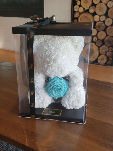 White rose Bear with Giant Turquoise Rose