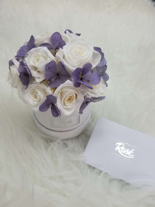 White Eternal Roses with Purple Hydrangeas